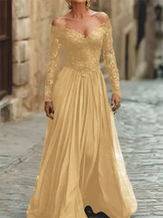 A Line Off the Shoulder Long Sleeve Floor Length Chiffon Corset Dress with Lace Appliques for Mother of the Bride
