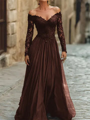 A Line Off the Shoulder Long Sleeve Floor Length Chiffon Corset Dress with Lace Appliques for Mother of the Bride