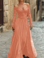 A Line Off the Shoulder Long Sleeve Floor Length Chiffon Corset Dress with Lace Appliques for Mother of the Bride