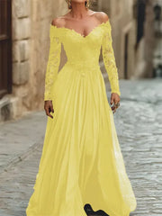 A Line Off the Shoulder Long Sleeve Floor Length Chiffon Corset Dress with Lace Appliques for Mother of the Bride