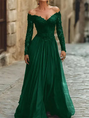 A Line Off the Shoulder Long Sleeve Floor Length Chiffon Corset Dress with Lace Appliques for Mother of the Bride