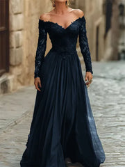 A Line Off the Shoulder Long Sleeve Floor Length Chiffon Corset Dress with Lace Appliques for Mother of the Bride