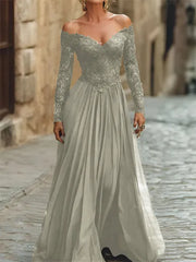 A Line Off the Shoulder Long Sleeve Floor Length Chiffon Corset Dress with Lace Appliques for Mother of the Bride