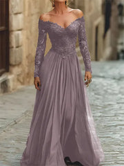 A Line Off the Shoulder Long Sleeve Floor Length Chiffon Corset Dress with Lace Appliques for Mother of the Bride