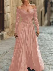 A Line Off the Shoulder Long Sleeve Floor Length Chiffon Corset Dress with Lace Appliques for Mother of the Bride