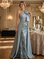 Mother of the Bride A Line One Shoulder Bow Floor Length Satin Corset Dress