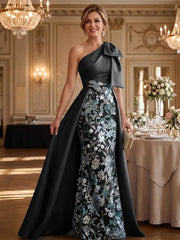Mother of the Bride A Line One Shoulder Bow Floor Length Satin Corset Dress