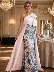 Mother of the Bride A Line One Shoulder Bow Floor Length Satin Corset Dress