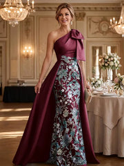 Mother of the Bride A Line One Shoulder Bow Floor Length Satin Corset Dress