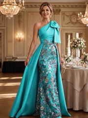 Mother of the Bride A Line One Shoulder Bow Floor Length Satin Corset Dress