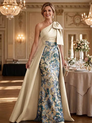 Mother of the Bride A Line One Shoulder Bow Floor Length Satin Corset Dress