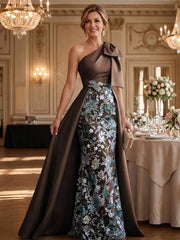 Mother of the Bride A Line One Shoulder Bow Floor Length Satin Corset Dress