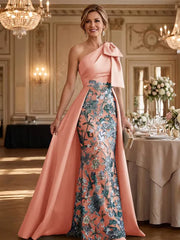 Mother of the Bride A Line One Shoulder Bow Floor Length Satin Corset Dress