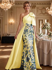 Mother of the Bride A Line One Shoulder Bow Floor Length Satin Corset Dress