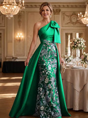 Mother of the Bride A Line One Shoulder Bow Floor Length Satin Corset Dress