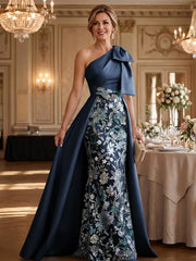 Mother of the Bride A Line One Shoulder Bow Floor Length Satin Corset Dress
