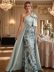 Mother of the Bride A Line One Shoulder Bow Floor Length Satin Corset Dress