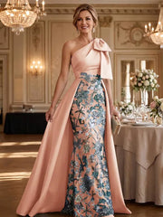 Mother of the Bride A Line One Shoulder Bow Floor Length Satin Corset Dress