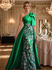 Mother of the Bride A Line One Shoulder Bow Floor Length Satin Corset Dress