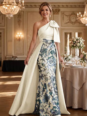 Mother of the Bride A Line One Shoulder Bow Floor Length Satin Corset Dress