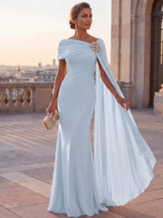 Mother of the Bride Sheath One Shoulder Rhinestone Sweep Train Chiffon Corset Dress