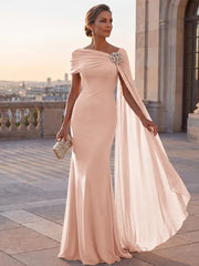 Mother of the Bride Sheath One Shoulder Rhinestone Sweep Train Chiffon Corset Dress
