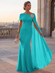 Mother of the Bride Sheath One Shoulder Rhinestone Sweep Train Chiffon Corset Dress