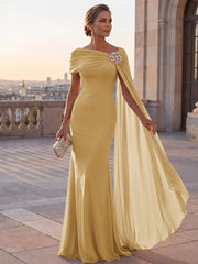Mother of the Bride Sheath One Shoulder Rhinestone Sweep Train Chiffon Corset Dress