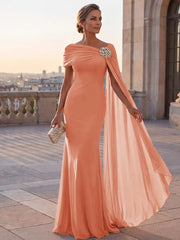 Mother of the Bride Sheath One Shoulder Rhinestone Sweep Train Chiffon Corset Dress