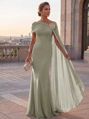 Mother of the Bride Sheath One Shoulder Rhinestone Sweep Train Chiffon Corset Dress