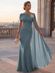 Mother of the Bride Sheath One Shoulder Rhinestone Sweep Train Chiffon Corset Dress