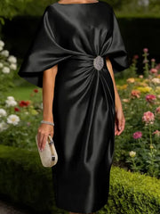 Mother of the Bride Sheath Scoop Half Sleeves Pleated Tea Length Satin Corset Dress