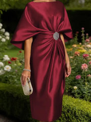 Mother of the Bride Sheath Scoop Half Sleeves Pleated Tea Length Satin Corset Dress