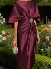 Mother of the Bride Sheath Scoop Half Sleeves Pleated Tea Length Satin Corset Dress