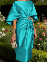 Mother of the Bride Sheath Scoop Half Sleeves Pleated Tea Length Satin Corset Dress