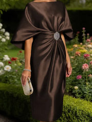 Mother of the Bride Sheath Scoop Half Sleeves Pleated Tea Length Satin Corset Dress