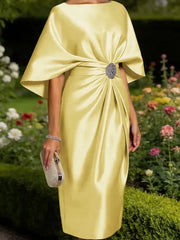 Mother of the Bride Sheath Scoop Half Sleeves Pleated Tea Length Satin Corset Dress