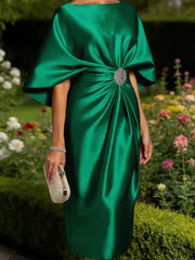 Mother of the Bride Sheath Scoop Half Sleeves Pleated Tea Length Satin Corset Dress