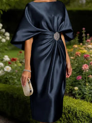 Mother of the Bride Sheath Scoop Half Sleeves Pleated Tea Length Satin Corset Dress