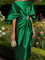 Mother of the Bride Sheath Scoop Half Sleeves Pleated Tea Length Satin Corset Dress