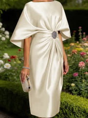 Mother of the Bride Sheath Scoop Half Sleeves Pleated Tea Length Satin Corset Dress