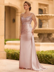 Sophisticated Sheath Scoop Long Sleeves Sequin Floor Length Silk Like Satin Mother of the Bride Dress