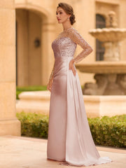 Sophisticated Sheath Scoop Long Sleeves Sequin Floor Length Silk Like Satin Mother of the Bride Dress