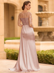 Sophisticated Sheath Scoop Long Sleeves Sequin Floor Length Silk Like Satin Mother of the Bride Dress