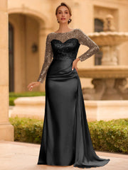 Sophisticated Sheath Scoop Long Sleeves Sequin Floor Length Silk Like Satin Mother of the Bride Dress
