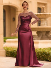 Sophisticated Sheath Scoop Long Sleeves Sequin Floor Length Silk Like Satin Mother of the Bride Dress