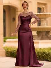 Sophisticated Sheath Scoop Long Sleeves Sequin Floor Length Silk Like Satin Mother of the Bride Dress