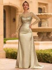 Sophisticated Sheath Scoop Long Sleeves Sequin Floor Length Silk Like Satin Mother of the Bride Dress
