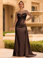 Sophisticated Sheath Scoop Long Sleeves Sequin Floor Length Silk Like Satin Mother of the Bride Dress