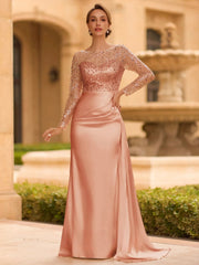 Sophisticated Sheath Scoop Long Sleeves Sequin Floor Length Silk Like Satin Mother of the Bride Dress